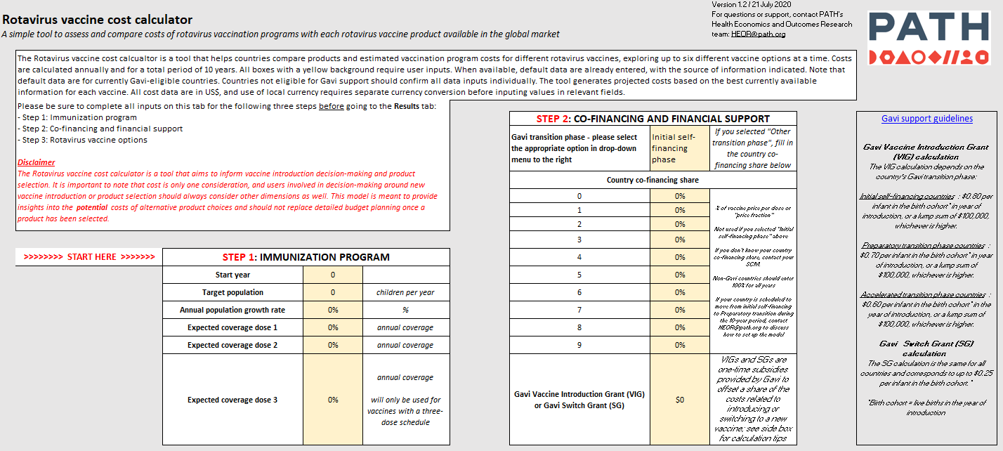 Rotavirus Vaccine Cost Calculator model input page