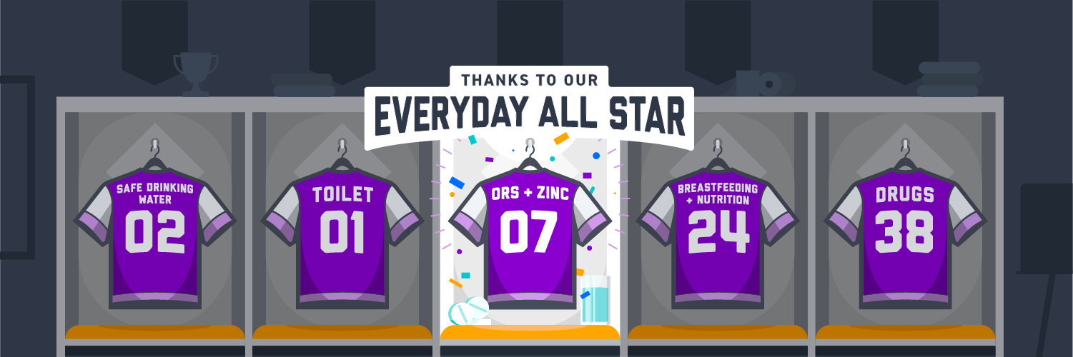 A locker room features five purple jerseys with text and numbers: "Safe Drinking Water 02," "Toilet 01," "ORS + Zinc 07," "Breastfeeding & Nutrition 24," and "Drugs 38." A sign above reads, "Thanks to our Everyday All Star." Confetti is scattered around.