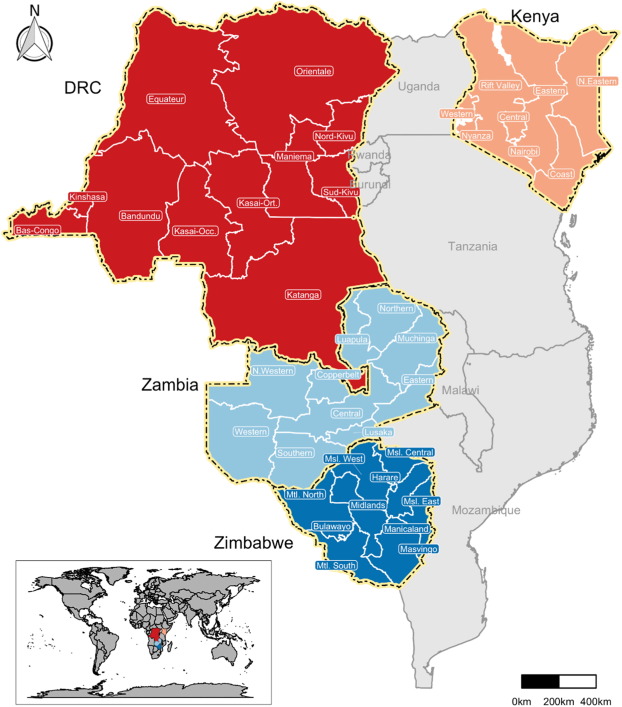 A map showing selected regions in five African countries, highlighted in different colors: the Democratic Republic of the Congo (red), Kenya (orange), Zambia (light blue), Zimbabwe (dark blue), and Africa (specific country not fully visible) with a global inset locating the area.