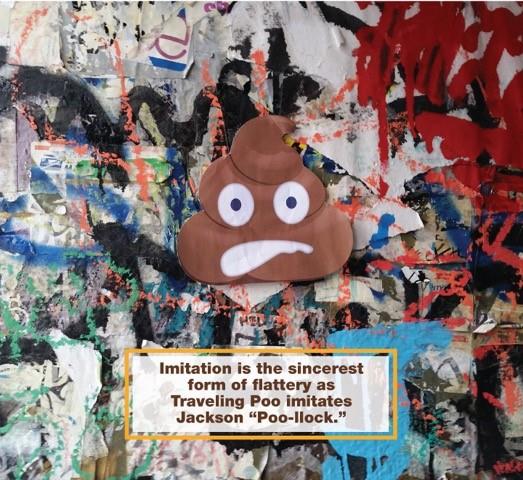 A cartoon poop emoji with a worried expression is placed on a colorful, paint-splattered, and sticker-covered wall. Below it, a sign reads, "Imitation is the sincerest form of flattery as Traveling Poo imitates Jackson 'Poo-llock.'.