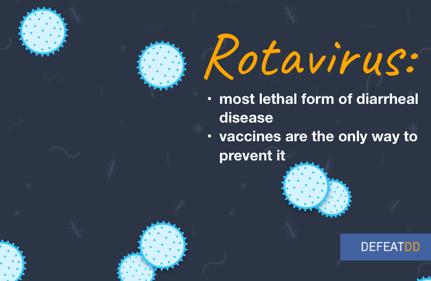 An informative graphic on a dark background depicts the Rotavirus and includes text stating: "Rotavirus: most lethal form of diarrheal disease, vaccines are the only way to prevent it." The word "DEFEATDD" appears in a blue rectangular box in the bottom right corner.