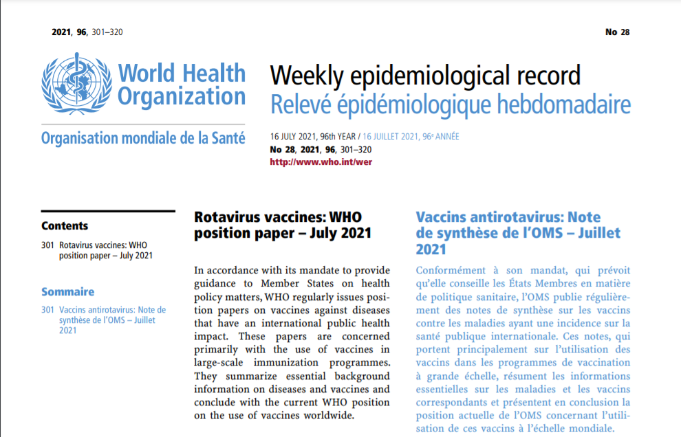 An excerpt from the WHO Weekly Epidemiological Record featuring a report on rotavirus vaccines, July 2021, in English and French. The document includes text about the importance of vaccination guidance for public health.