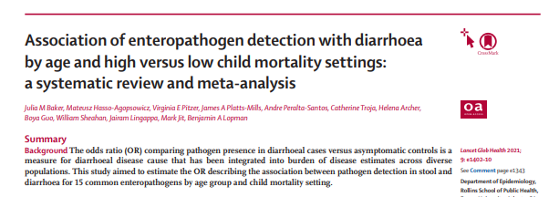 Image of a research paper titled "Association of enteropathogen detection with diarrhoea by age and high versus low child mortality settings: a systematic review and meta-analysis." The authors listed are Julia B Baker, Mateus Honka Agossouviac, and others. A summary and background section is visible.