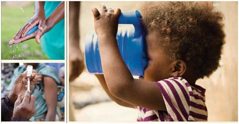 Collage of three images: left top, close-up of hands being washed with water; left bottom, a hand holding a small white tube; right, a child drinking from a large blue cup, partly covering the face.