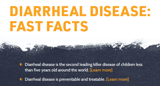 Image showing a header with bold text stating "DIARRHEAL DISEASE: FAST FACTS" against a textured background. Below, bullet points highlight that it is the second leading killer of children under five globally, and that it is preventable and treatable, with links to learn more.