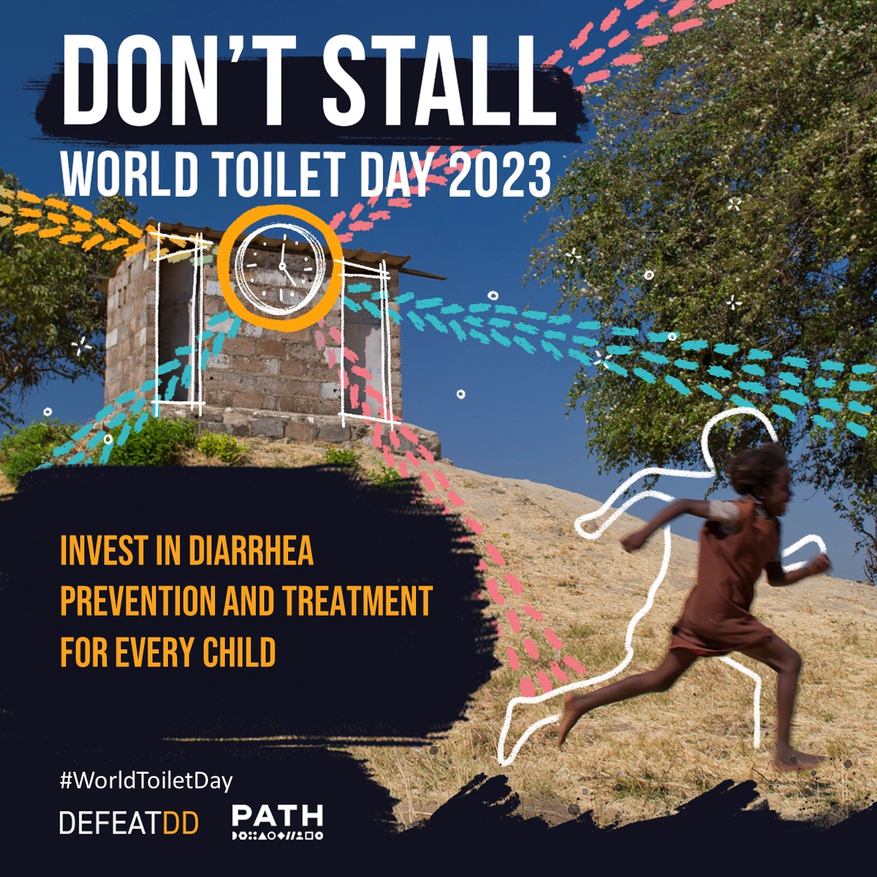 A child runs past an outdoor toilet structure. The image promotes World Toilet Day 2023 with the message: "Invest in diarrhea prevention and treatment for every child." Colorful arrows emphasize movement and urgency. Hashtags: #WorldToiletDay #DefeatDD.