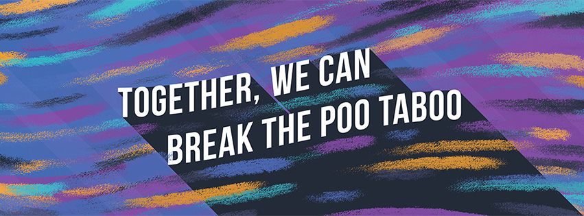 Text reading "Together, we can break the poo taboo" on a colorful background with abstract strokes in purple, blue, orange, and yellow hues.