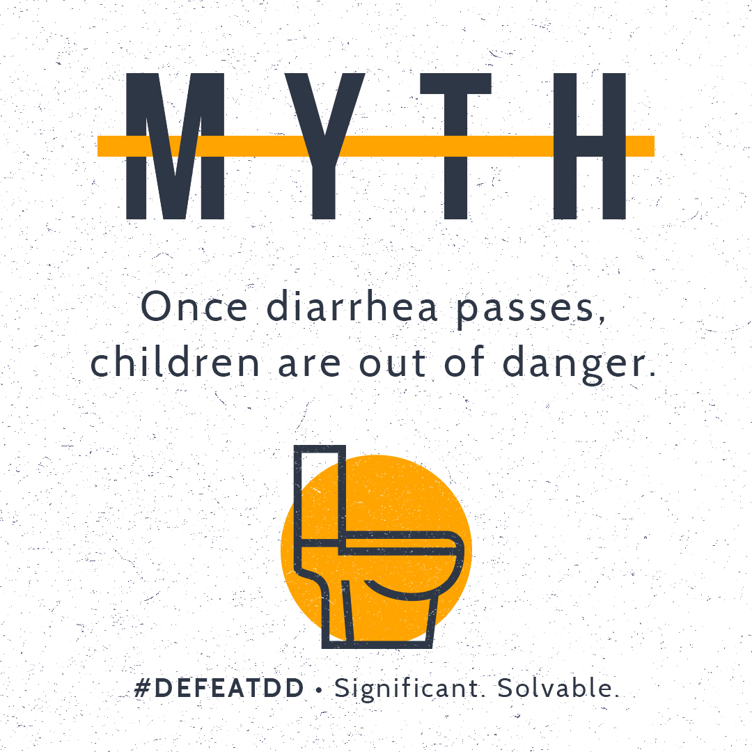 Graphic with "MYTH" crossed out. Text states, "Once diarrhea passes, children are out of danger." Below, an illustration of a toilet on an orange circle and the hashtag #DEFEATDD with the phrase "Significant. Solvable." are displayed.