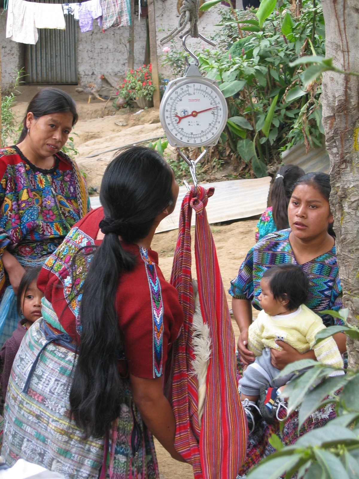 In a rural setting, a woman weighs a baby on a hanging scale, using a bright red cloth. Several women and children dressed in traditional, colorful clothing observe the process. Lush green plants and simple structures are visible in the background.