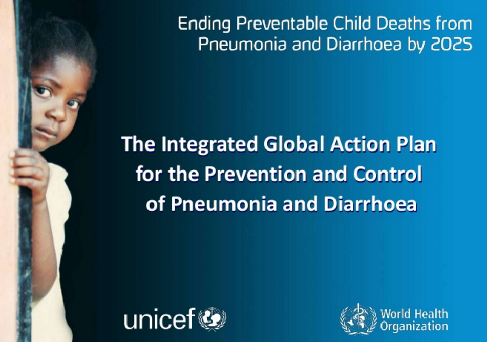 A young child peeks from behind a wooden plank on the left, with a serious expression. On the right, text reads "Ending Preventable Child Deaths from Pneumonia and Diarrhoea by 2025" and "The Integrated Global Action Plan for the Prevention and Control of Pneumonia and Diarrhoea." UNICEF and WHO logos are at the bottom.