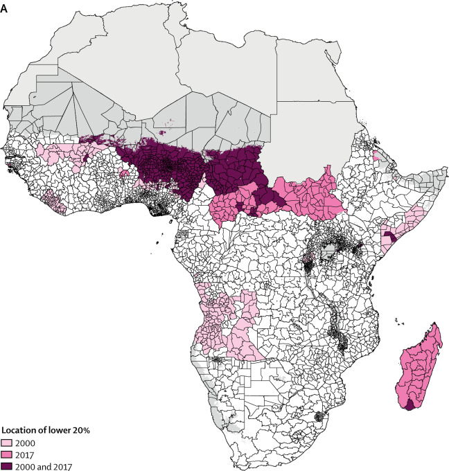 Map of Africa showing regions of socioeconomic inequality with highlighted areas. Dark purple indicates the lowest 20% in 2000, light purple for 2017, and pink for both 2000 and 2017. Grey regions show no data. .