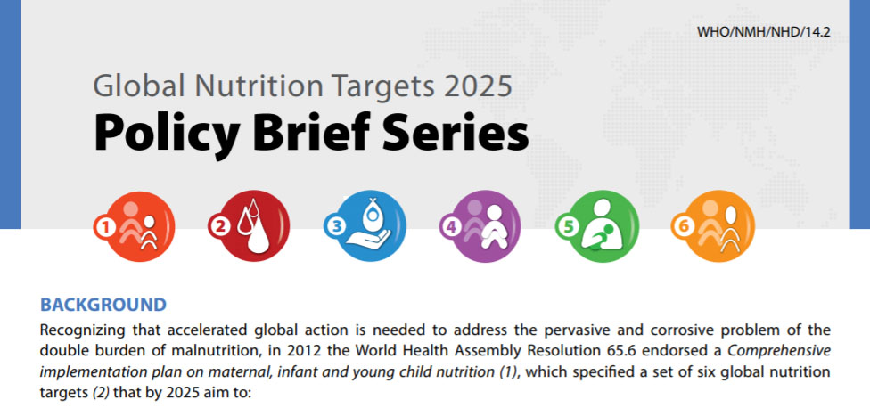 An infographic titled "Global Nutrition Targets 2025 Policy Brief Series" includes five colored icons representing different nutrition targets. There is a brief background text explaining the aim of addressing malnutrition following a 2012 WHO resolution.