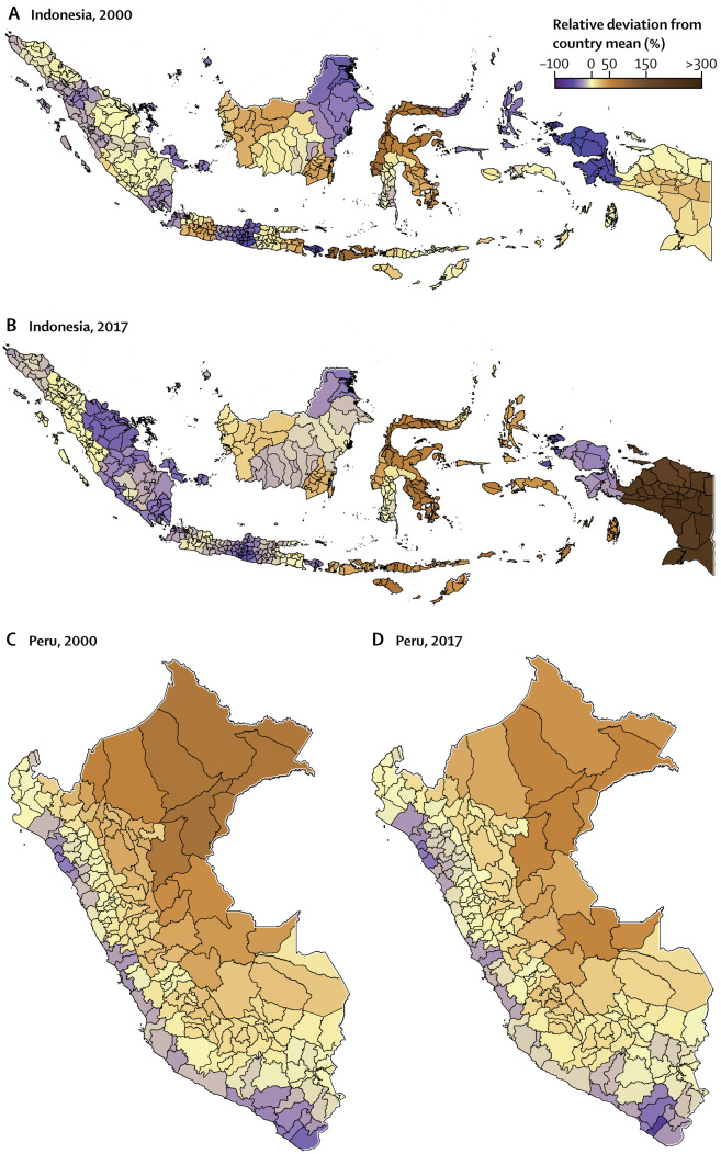 Comparative maps showing regional variations in health metrics for Indonesia (top two maps, years 2000 and 2017) and Peru (bottom two maps, years 2000 and 2017). Color coding indicates relative deviation from country mean percentages.