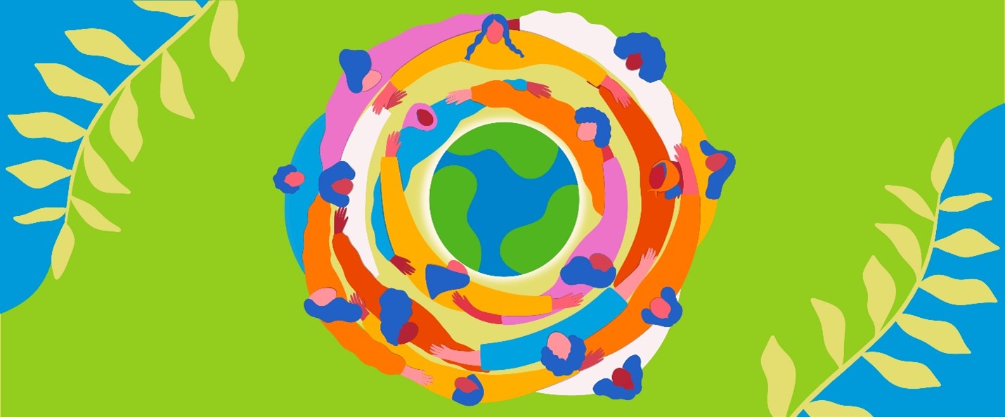 Illustration of diverse people holding hands in a circular formation around a stylized Earth on a green background, symbolizing unity and harmony. Colorful leaves accent the corners.