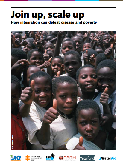 A group of smiling children, dressed in school uniforms, give thumbs-up gestures. The text above them reads, "Join up, scale up: How integration can defeat disease and poverty." Various organization logos, including ACF, Action for Global Health, End Water Poverty, PATH, Tearfund, and WaterAid, are displayed at the bottom.