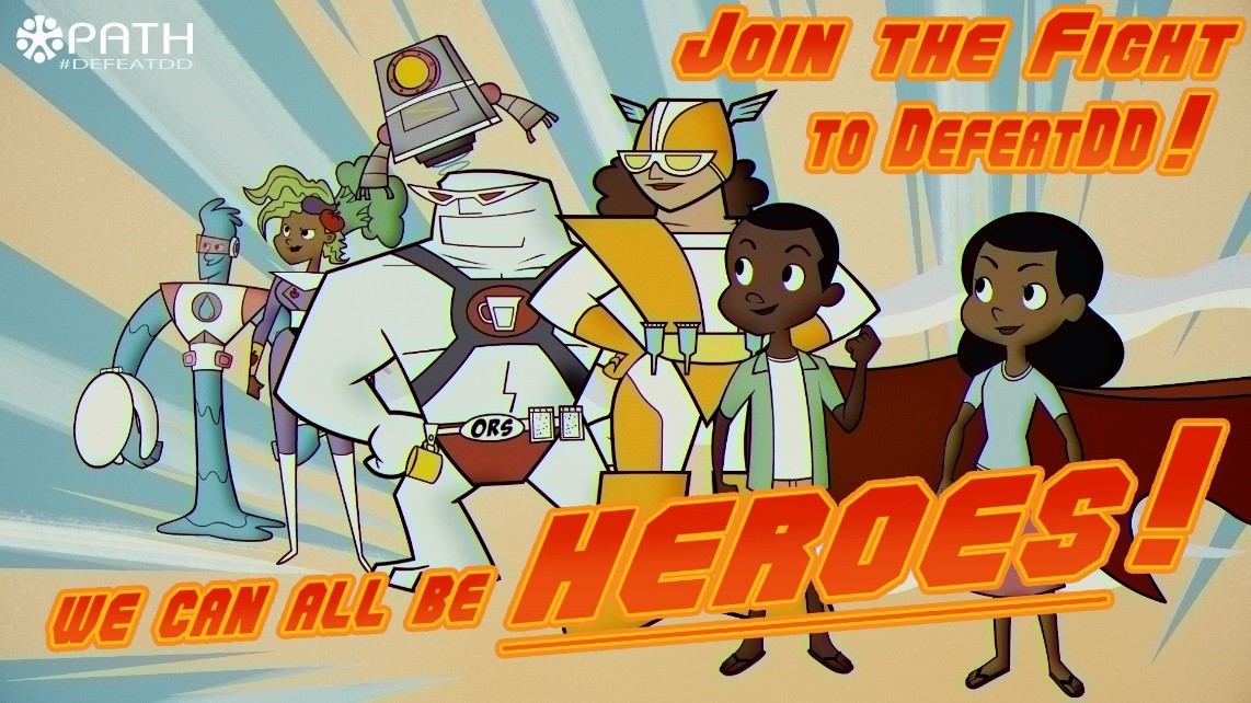 An illustrated poster features diverse cartoon superheroes with a tagline "Join the Fight to DefeatDD! We Can All Be Heroes!" One hero is holding a shield labeled "ORS," and another has a gadget. The backdrop includes dynamic lines and PATH #DefeatDD logos.