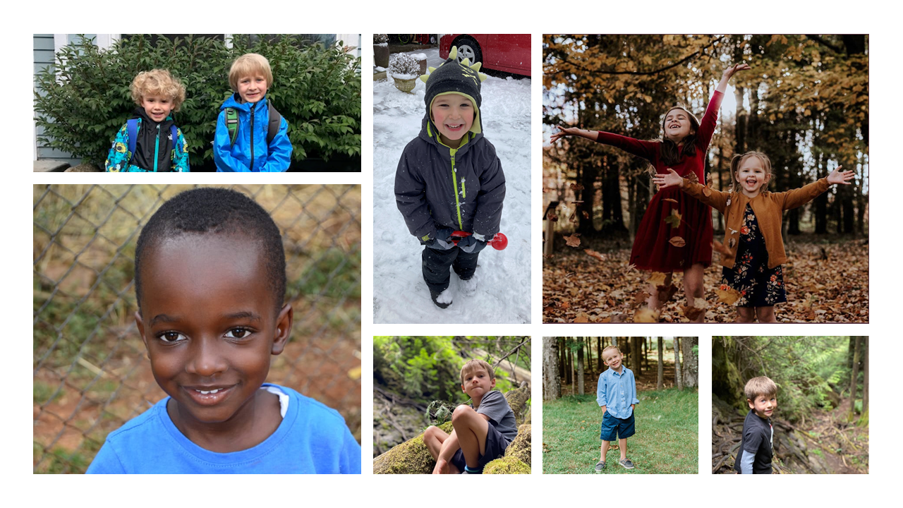 Collage of seven children enjoying outdoor activities. Kids are smiling, playing in snow, standing in leaves, and exploring nature. The scene captures joyful moments in various seasons.