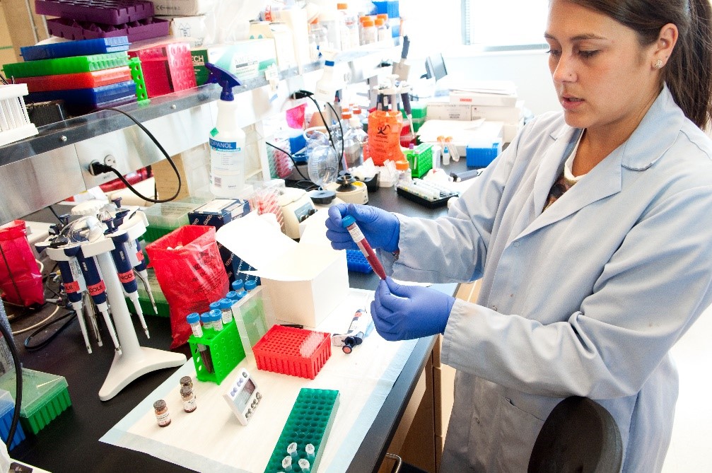 A scientist in a lab coat and blue gloves is working in a laboratory. She is holding a test tube and surrounded by lab equipment, colorful liquids, and sample containers on the bench. The lab is bright and well-organized with various scientific instruments.