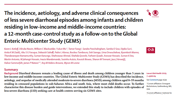 An academic paper titled "The incidence, aetiology, and adverse clinical consequences of less severe diarrhoeal episodes among infants and children residing in low-income and middle-income countries: a 12-month case-control study." The paper includes a red and white layout with author names and sections listed.