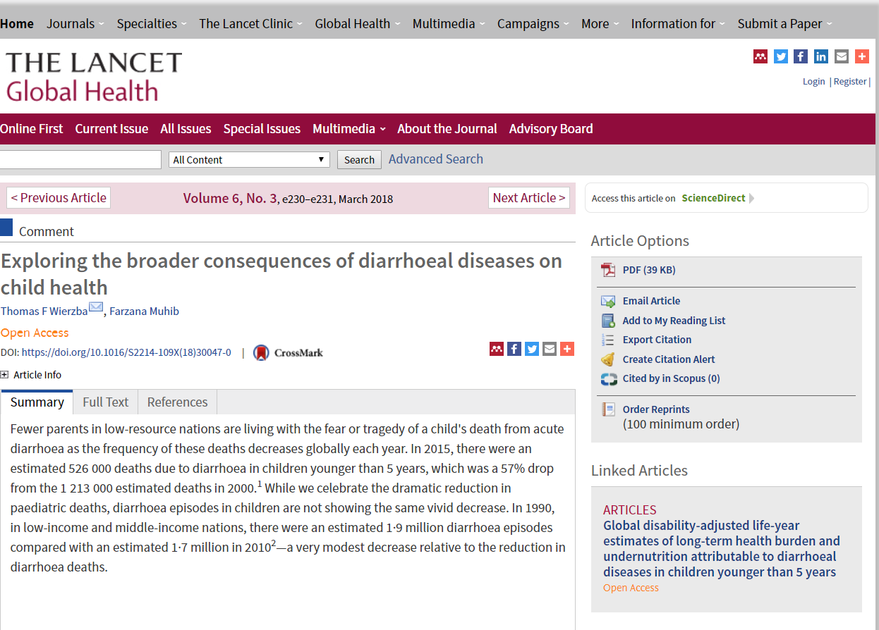 Screenshot of an article from The Lancet Global Health titled "Exploring the broader consequences of diarrhoeal diseases on child health," authored by Thomas Wenelba and Fasana Muhib, dated March 2018. The article discusses the impact of diarrhoeal diseases on child health in low-resource nations.