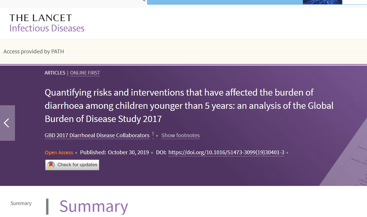 Screenshot of an academic article from The Lancet titled "Quantifying risks and interventions that have affected the burden of diarrhoea among children younger than 5 years." Published October 30, 2019, with open access link.