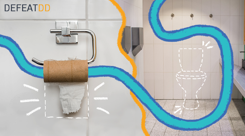 A tiled bathroom with an empty toilet paper roll on the holder. A dotted outline of a toilet is present in the background. Blue and orange squiggly lines flow through the scene. The words "DEFEATDD" are written in the top-left corner.