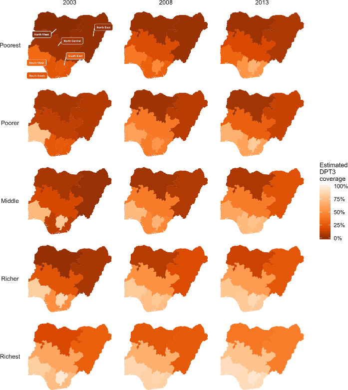 Series of maps displaying vaccination coverage in Nigeria by region, 2003-2013