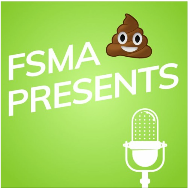 Bright green background with the text "FSMA PRESENTS" in white. A poop emoji with large eyes is placed between the words. At the bottom right, there's a white line drawing of a vintage-style microphone.