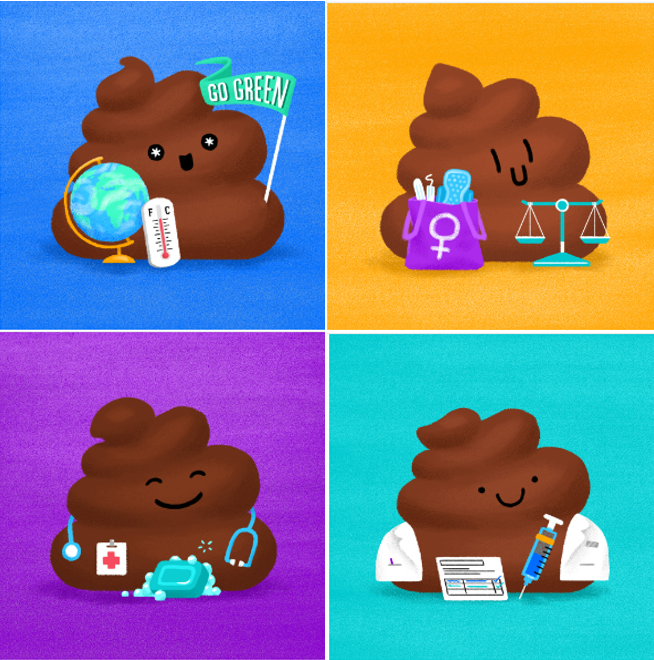 Four cartoon poop emojis, each representing different themes: environment (globe, thermometer), gender equality (symbols, scales), healthcare (mask, stethoscope), and science (lab coat, syringe). Each has a unique background color: blue, yellow, purple, and teal.