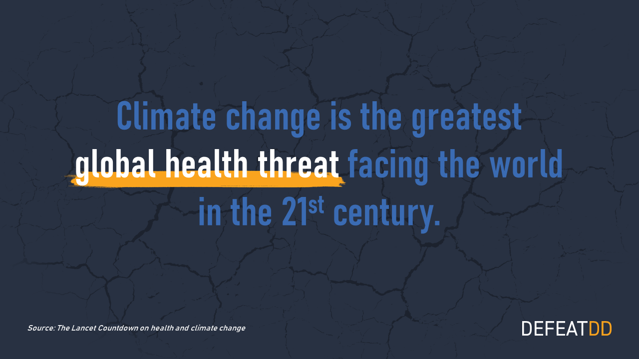 Text on a cracked dark background reads, "Climate change is the greatest global health threat facing the world in the 21st century." Source: The Lancet Countdown on health and climate change. "DEFEATDD" is in the bottom right corner.