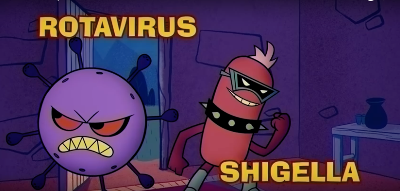 A cartoon illustration of two germs named Rotavirus and Shigella. Rotavirus is depicted as a round, purple creature with an angry expression. Shigella is a red, cylindrical character wearing sunglasses and a spiked collar, also looking angry.