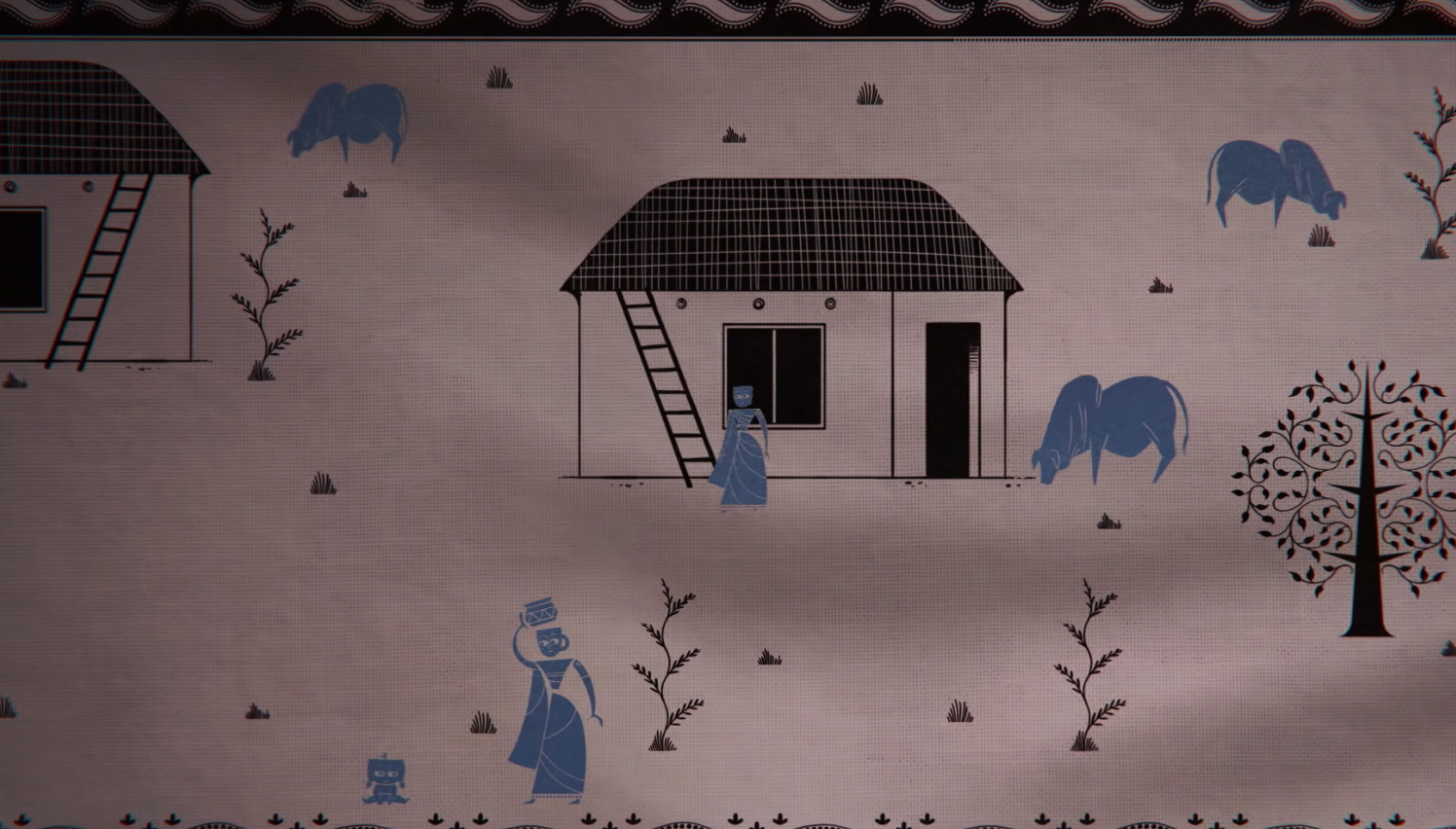 A minimalist illustration features a village scene with simple stick-figure-like people and animals. A central hut with a ladder stands amidst sparse vegetation. Blue figures, including two cows and three people, are seen around the hut. A tree stands to the right.