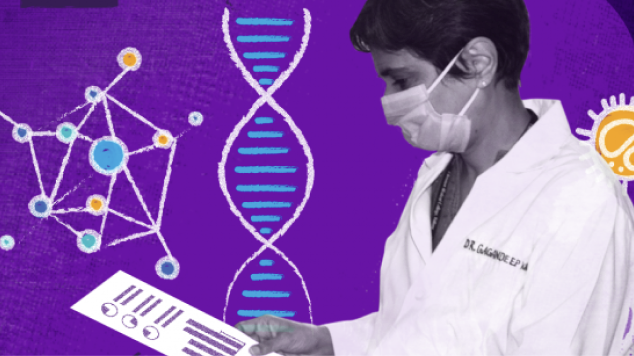 A person in a lab coat and mask, holding a document and looking at it. The background features scientific illustrations, including a DNA strand, molecular structures, and other scientific symbols on a purple backdrop.