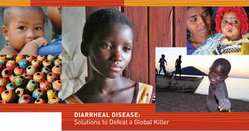 Collage featuring images of children and caregivers from different parts of the world, colorful handmade crafts, and a young boy reaching out with a joyful expression. The text reads "DIARRHEAL DISEASE: Solutions to Defeat a Global Killer" at the bottom.