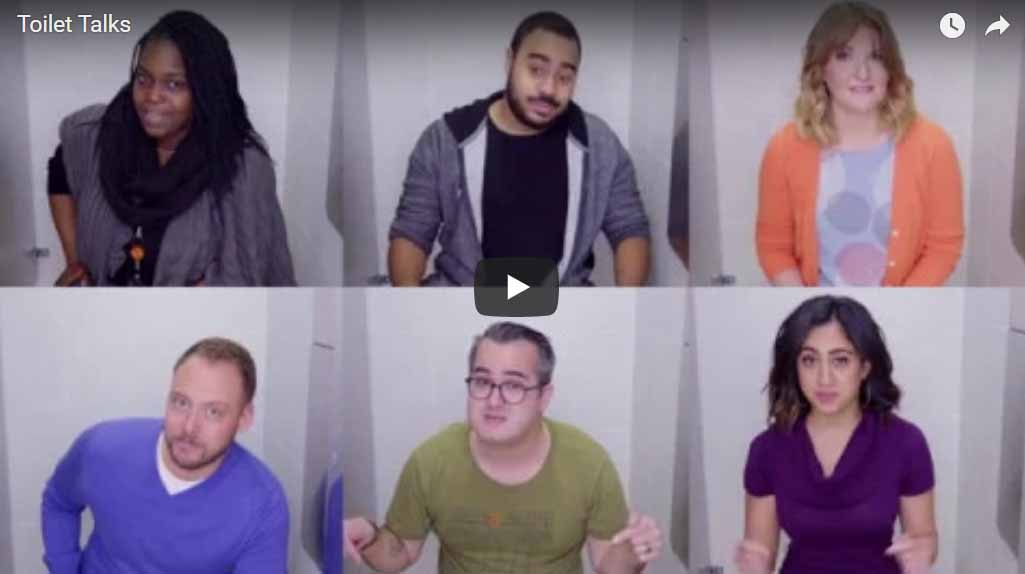 A YouTube video screenshot titled "Toilet Talks" features six people sitting in what appears to be bathroom stalls. The group includes a diverse mix of individuals with varying expressions. The video play button is centered in the image.