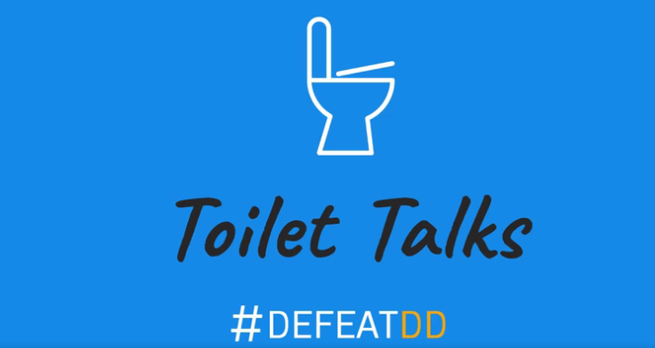 A blue background with a white outline of a toilet at the top. Below the illustration, the text reads "Toilet Talks" in a casual font. At the bottom, there's the hashtag "#DEFEATDD" with “DD” in yellow.