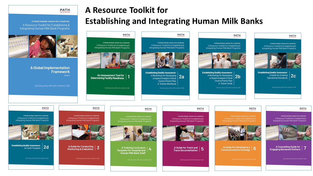 A collection of resources titled "A Resource Toolkit for Establishing and Integrating Human Milk Banks". It includes a main guide called "A Global Implementation Framework" and 10 companion guides, each addressing specific aspects of milk bank operations and integration.