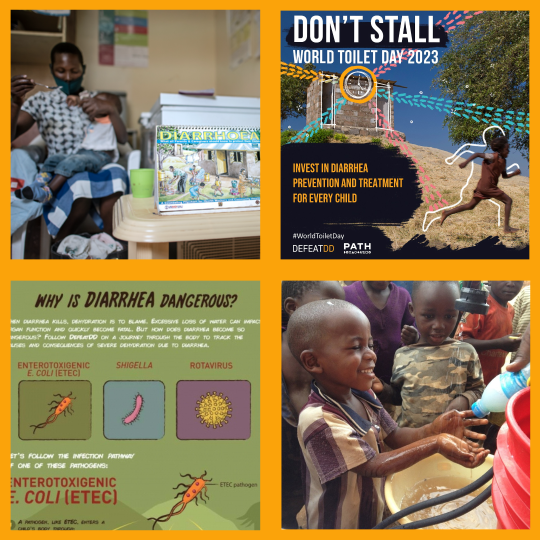 A collage with four images: A child in a hospital bed, a poster for World Toilet Day 2023, an infographic on diarrhea dangers, and children at a water pump. The collage highlights the impact of diarrhea and the importance of hygiene and sanitation.