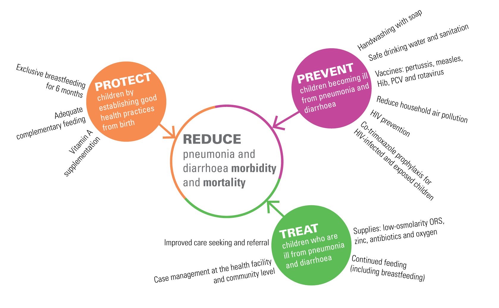 A circular infographic aims to reduce pneumonia and diarrhea morbidity and mortality. It outlines three strategies: Protect (breastfeeding, nutrition, vaccination), Prevent (handwashing, vaccines, air quality), and Treat (ORS, antibiotics, continued feeding).