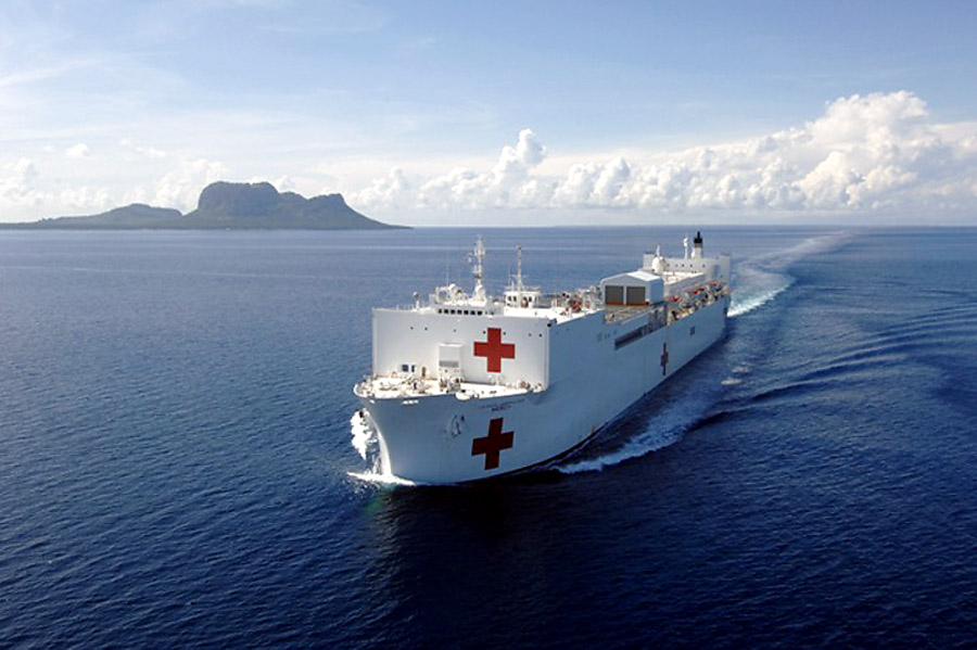 A large hospital ship with red cross symbols sails through calm ocean waters. An island with mountainous terrain is visible in the distance under a clear blue sky.