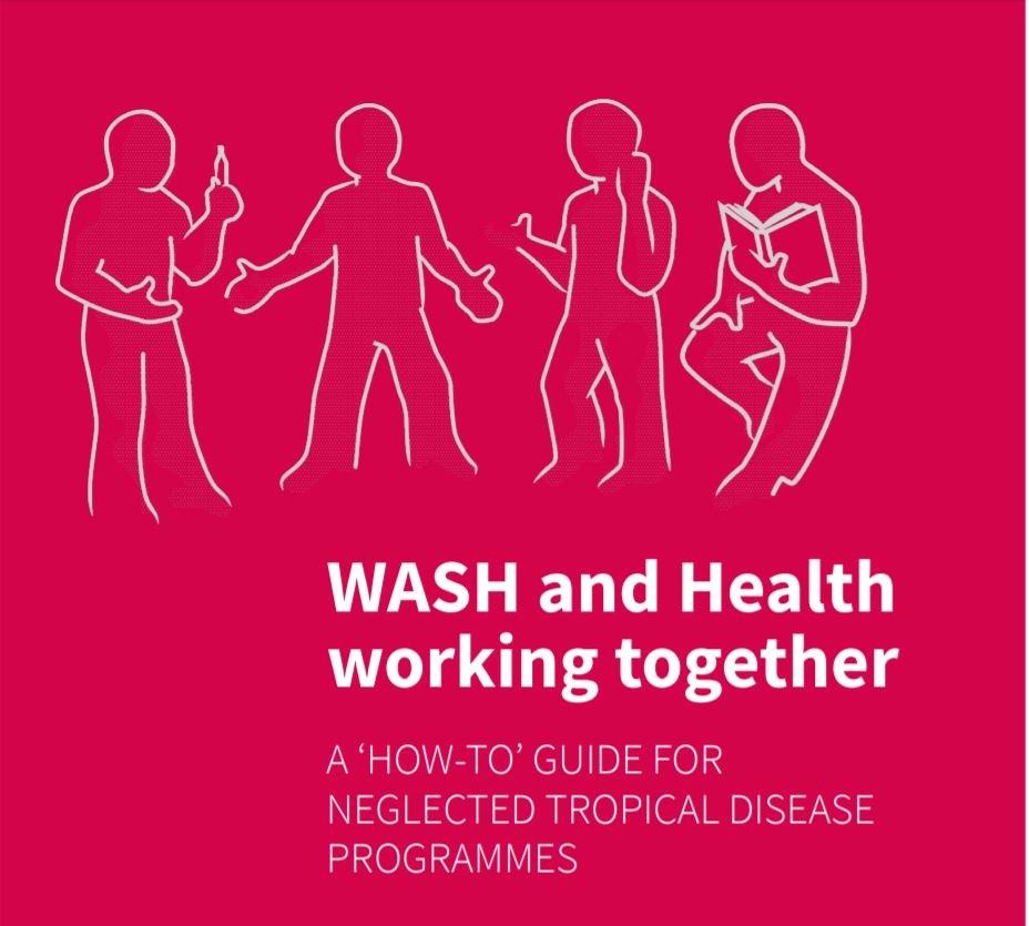 Illustration of four outlined figures against a red background, engaging in various activities, accompanied by text that reads "WASH and Health working together: A 'HOW-TO' GUIDE FOR NEGLECTED TROPICAL DISEASE PROGRAMMES.