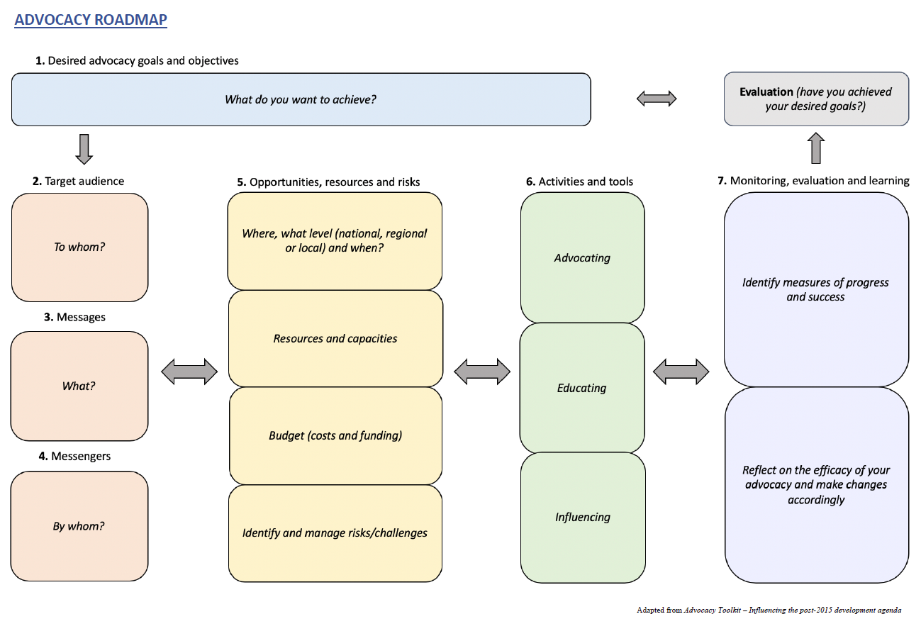 A flowchart titled "Advocacy Roadmap" outlining the steps to achieve advocacy goals. Steps include setting objectives, identifying target audience, crafting messages, selecting messengers, evaluating opportunities and risks, choosing activities and tools, and monitoring progress.