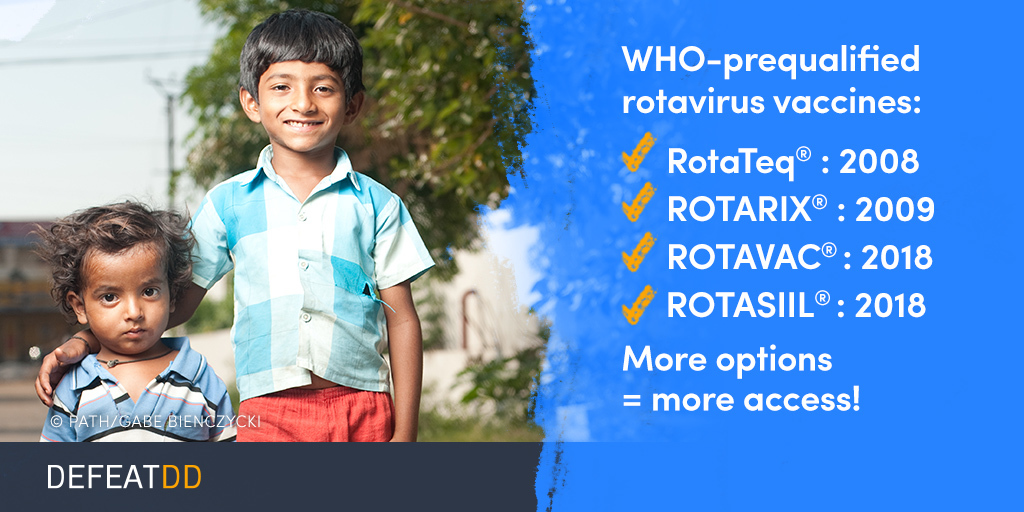 Two children stand side by side, smiling. Next to them is a blue panel listing WHO-prequalified rotavirus vaccines: RotaTeq (2008), ROTARIX (2009), ROTAVAC (2018), ROTASIIL (2018). "More options = more access!" is written beneath the list.