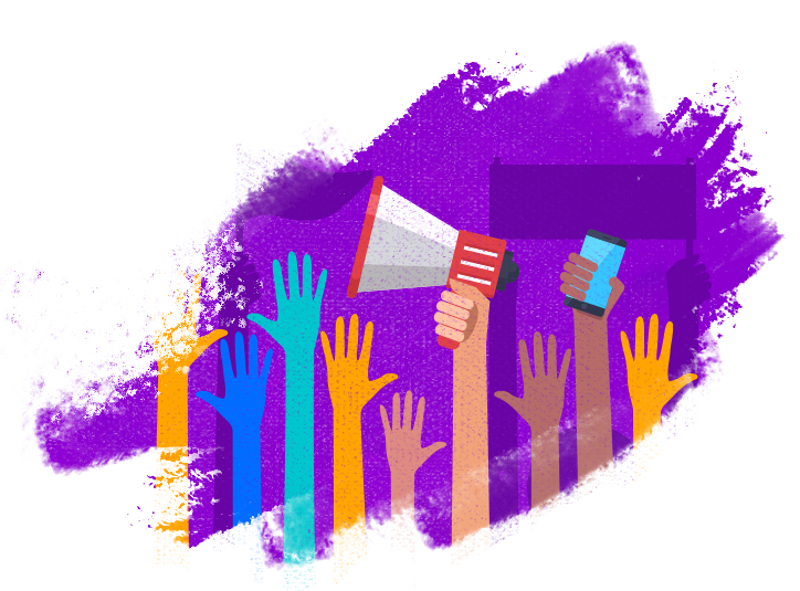 Illustrated image showing a diverse group of raised hands, some holding objects like a megaphone, a smartphone, and signs, set against a splash of purple paint. The scene represents activism and collective action.