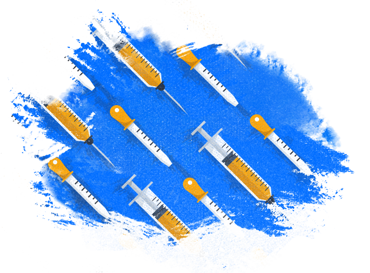 Illustration of multiple syringes with orange plungers and needles, set against a blue textured background. The syringes are arranged in diagonal rows, creating a patterned effect.