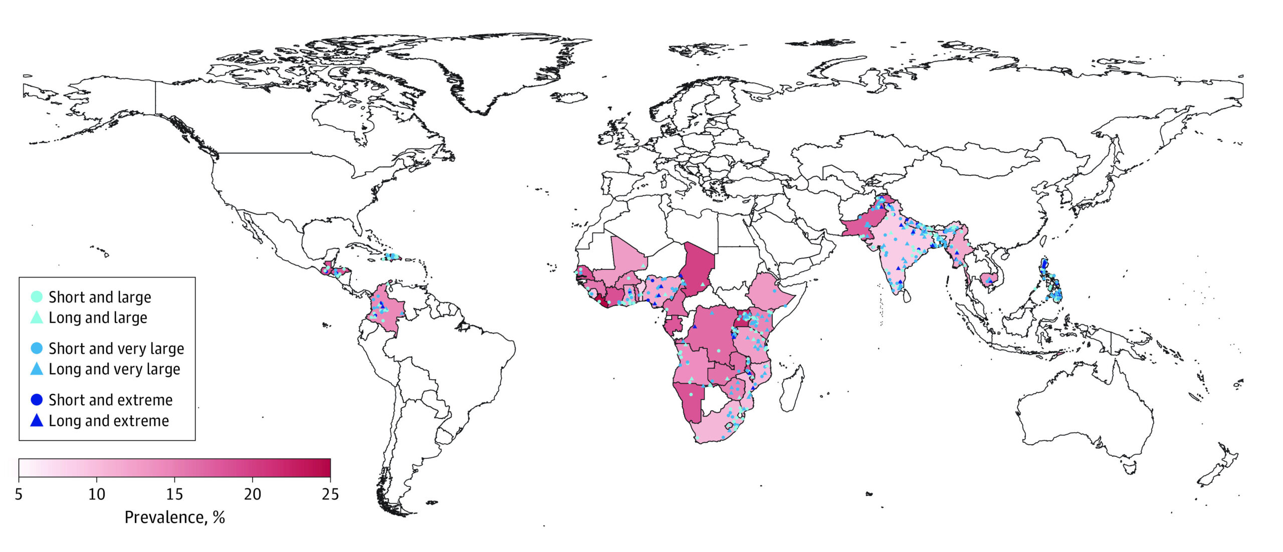 A world map illustrating the prevalence of child stunting and overweight across various regions. Africa, parts of Asia, and Latin America are marked with varying shades of pink to indicate prevalence percentages. Different colored shapes represent different condition categories.