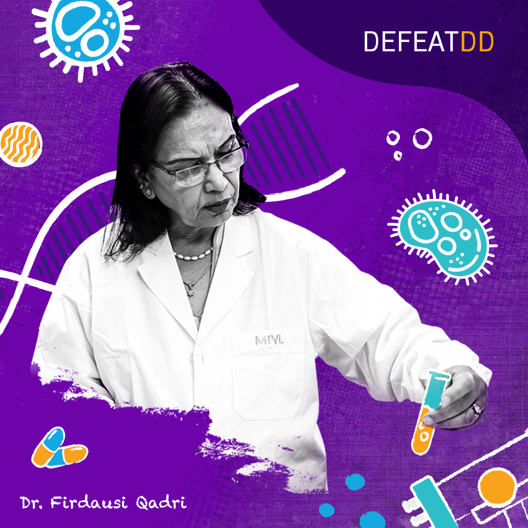 A scientist in a lab coat examines a test tube. The background features stylized scientific illustrations and the text "DEFEATDD." The name "Dr. Firdausi Qadri" is displayed at the bottom.