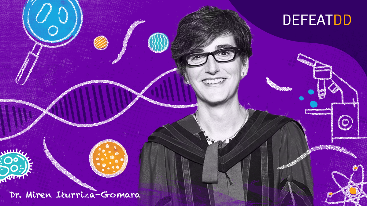 A grayscale image of a smiling person wearing glasses and a gown with colorful science-related illustrations in the background, such as a microscope, molecules, and a DNA strand. The purple backdrop includes the text "DEFEATDD" in the corner and "Dr. Miren Iturriza-Gomara" at the bottom.