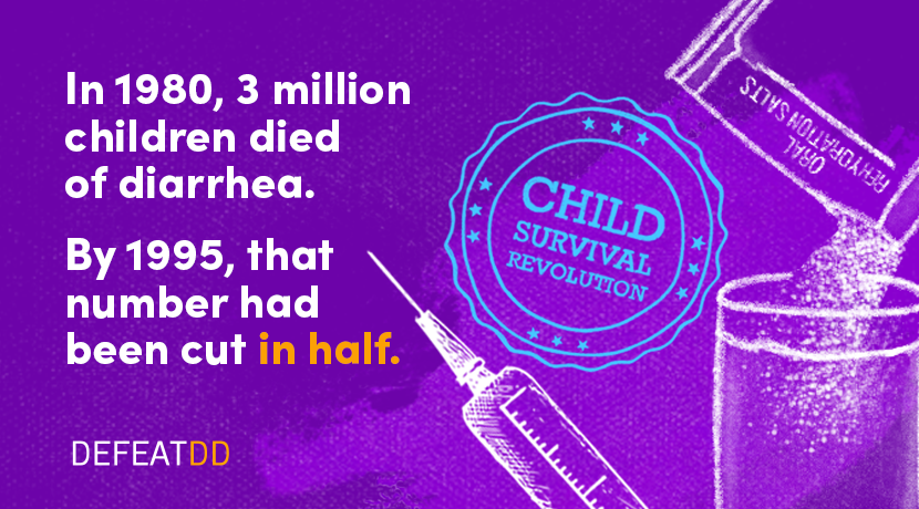 Purple infographic with text: "In 1980, 3 million children died of diarrhea. By 1995, that number had been cut in half." The image includes illustrations of a syringe, a glass, and a packet labeled "Oral Rehydration Salts," and a badge labeled "Child Survival Revolution." Text at the bottom reads "DefeatDD.