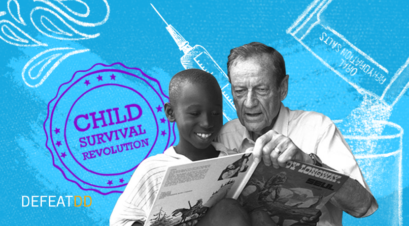 A young boy and an elderly man read a book together against a blue background featuring a syringe, a capsule, and a chalk-drawn stamp that reads "Child Survival Revolution." "DEFEATDD" is written at the bottom left in white text with yellow and blue accents.